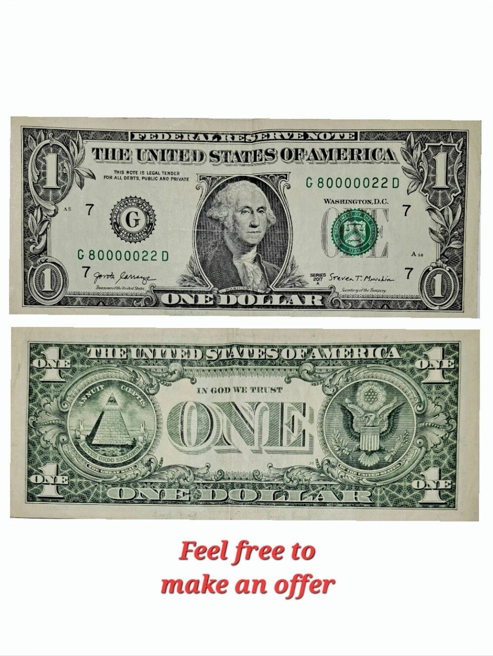 2017 $1 DOLLAR BILL - FANCY SERIAL NUMBER